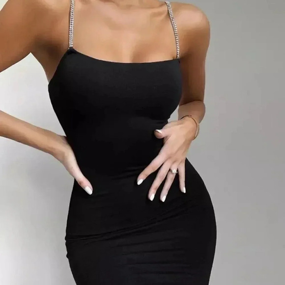 NEW! Black Ribbed Bodycon Crystal Rhinestone Straps Midi Dress - Picture 1 of 11